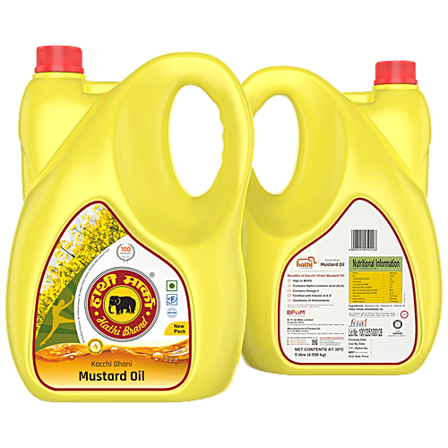 Hathi  Mustard Oil - Pungent Flavour, For Healthy Dishes, Free From Cholesterol & Trans Fat, 5 L Jar 