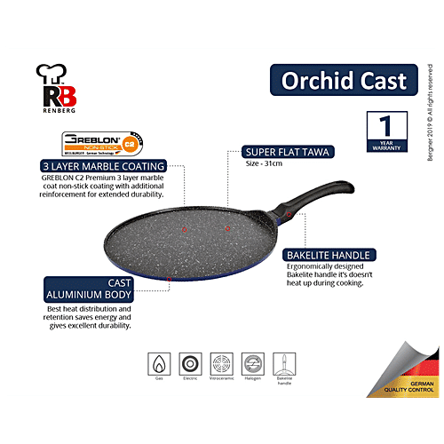 Renberg Aluminium Non-Stick Tawa - Induction Base, 31 cm, 4 mm, Bakelite Handle, Blue Orchid, 1 pc