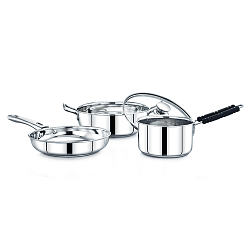 Renberg Steelix Plus Stainless Steel Cookware Set - Kadai With Lid, Frypan & Saucepan, Induction Base, Silver, 4 pcs