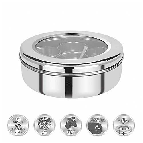 Renberg Stainless Steel Masala Dabba/Spice Box - With Lid, 7 Compartments, 1 Spoon, Medium, Silver, 1 pc  