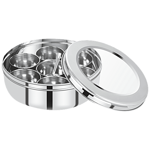 Renberg Stainless Steel Masala Dabba/Spice Box - With Lid, 7 Compartments, 1 Spoon, Medium, Silver, 1 pc  