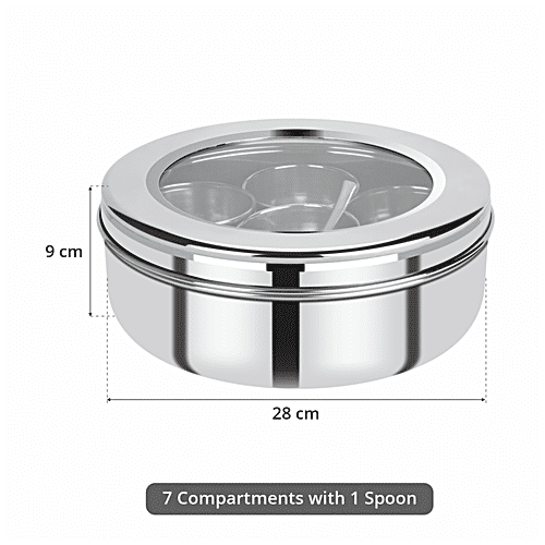 Renberg Stainless Steel Masala Dabba/Spice Box - With Lid, 7 Compartments, 1 Spoon, Medium, Silver, 1 pc  