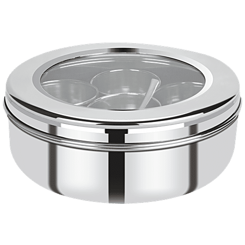 Renberg Stainless Steel Masala Dabba/Spice Box - With Lid, 7 Compartments, 1 Spoon, Medium, Silver, 1 pc  