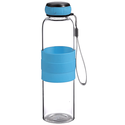 Renberg Borosilicate Glass Water Bottle - Durable, Leakproof, Dishwasher Safe, Blue, 550 ml  