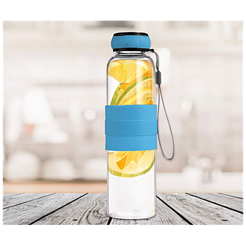 Renberg Borosilicate Glass Water Bottle - Durable, Leakproof, Dishwasher Safe, Blue, 550 ml  