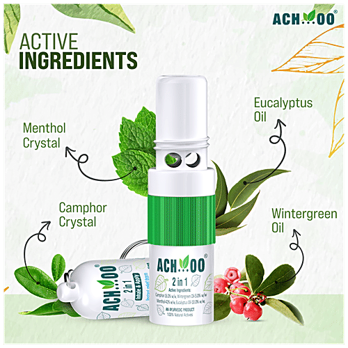 Achoo 2 In 1 Inhaler And Roll On - Relieves Headache, Cold & Nasal Congestion With Natural Ingredients, 1 pc  