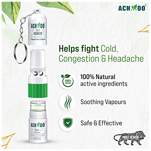 Achoo 2 In 1 Inhaler And Roll On - Relieves Headache, Cold & Nasal Congestion With Natural Ingredients, 1 pc  
