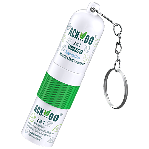 Achoo 2 In 1 Inhaler And Roll On - Relieves Headache, Cold & Nasal Congestion With Natural Ingredients, 1 pc  