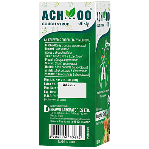 Buy ACHOO Cough Syrup Ayurvedic, NonDrowsy, NoAlcohol, Multi Action