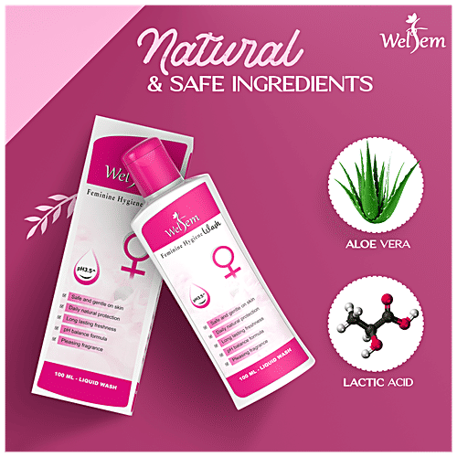 Welfem Feminine Intimate Hygiene Wash - Lactic Acid, Aloe Vera & pH Balanced, Prevents Dryness, Odour, Itch & Irritation, For Women, 100 ml