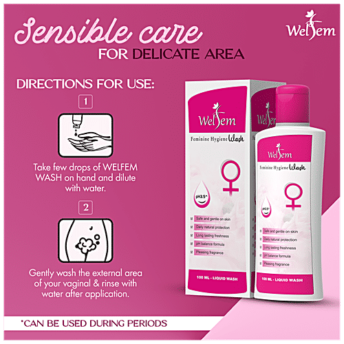 Welfem Feminine Intimate Hygiene Wash - Lactic Acid, Aloe Vera & pH Balanced, Prevents Dryness, Odour, Itch & Irritation, For Women, 100 ml