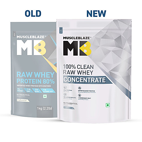 MuscleBlaze Raw Whey Protein Concentrate - 80% With Added Digestive Enzymes, Unflavoured, 1 kg  