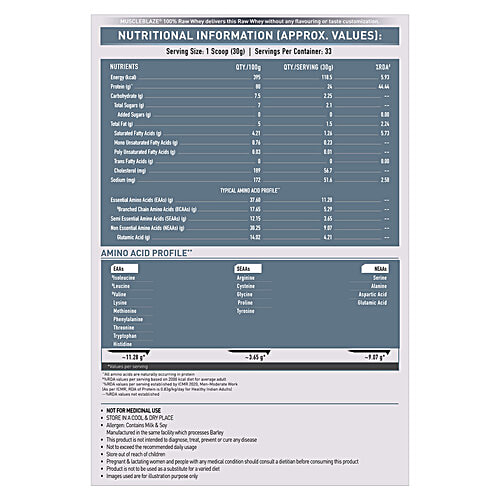 MuscleBlaze Raw Whey Protein Concentrate - 80% With Added Digestive Enzymes, Unflavoured, 1 kg  