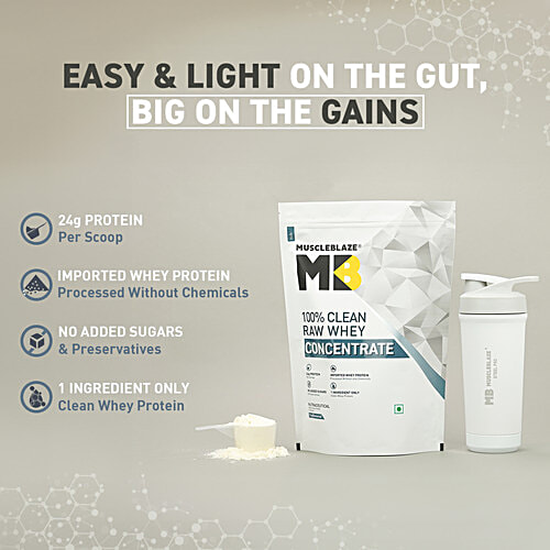 MuscleBlaze Raw Whey Protein Concentrate - 80% With Added Digestive Enzymes, Unflavoured, 1 kg  