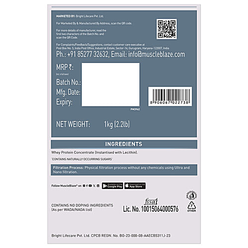 MuscleBlaze Raw Whey Protein Concentrate - 80% With Added Digestive Enzymes, Unflavoured, 1 kg  