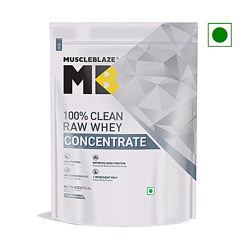 MuscleBlaze Raw Whey Protein Concentrate - 80% With Added Digestive Enzymes, Unflavoured, 1 kg  