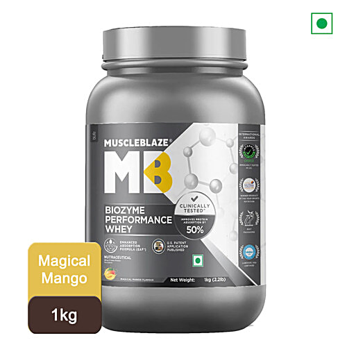 MuscleBlaze Biozyme Performance Whey Protein - Magical Mango, 1 kg  