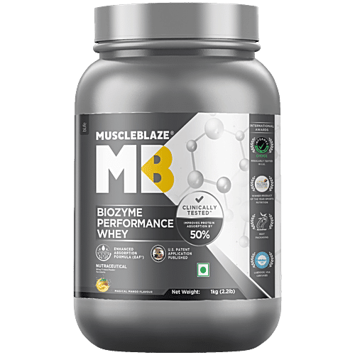 MuscleBlaze Biozyme Performance Whey Protein - Magical Mango, 1 kg  