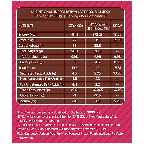 MuscleBlaze High Protein Muesli, Dark Chocolate & Cranberry, 400 g Pouch High Fibre, Almonds & Superseeds