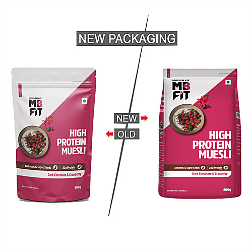 MuscleBlaze High Protein Muesli, Dark Chocolate & Cranberry, 400 g Pouch High Fibre, Almonds & Superseeds