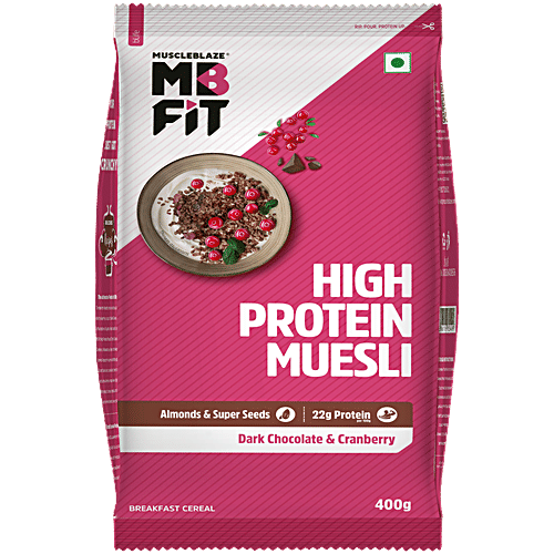 MuscleBlaze High Protein Muesli, Dark Chocolate & Cranberry, 400 g Pouch High Fibre, Almonds & Superseeds