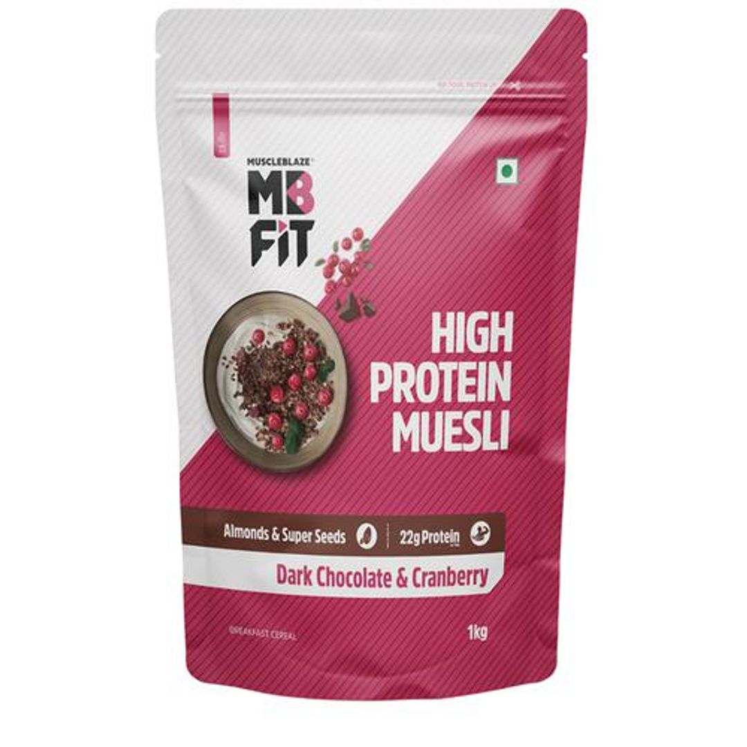 MuscleBlaze 18 g High Protein Muesli - With Probiotics, Dark Chocolate & Cranberry Flavour, 1 kg Pouch
