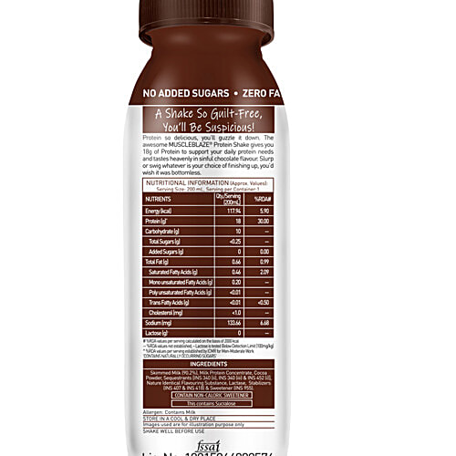 MuscleBlaze 18 g Protein Shake - No Added Sugar, Chocolate Flavour, 200 ml (Pack of 6) 