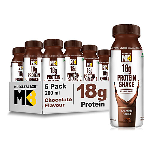MuscleBlaze 18 g Protein Shake - No Added Sugar, Chocolate Flavour, 200 ml (Pack of 6) 
