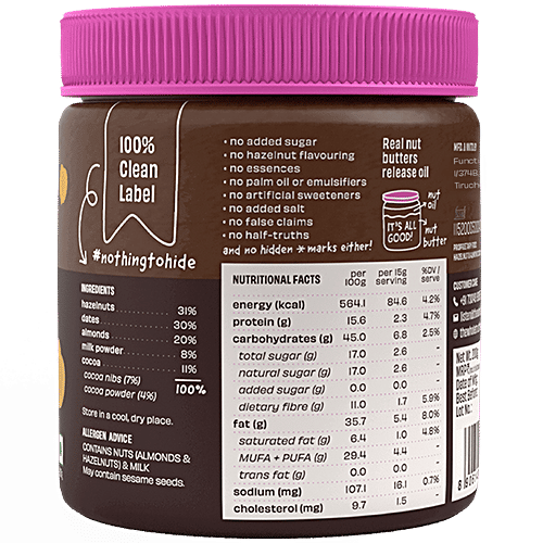 The Whole Truth Hazelnut Spread With Real Chocolate - Creamy, No Sugar, Flavouring Or Essence, 200 g Creamy
No Added Sugar