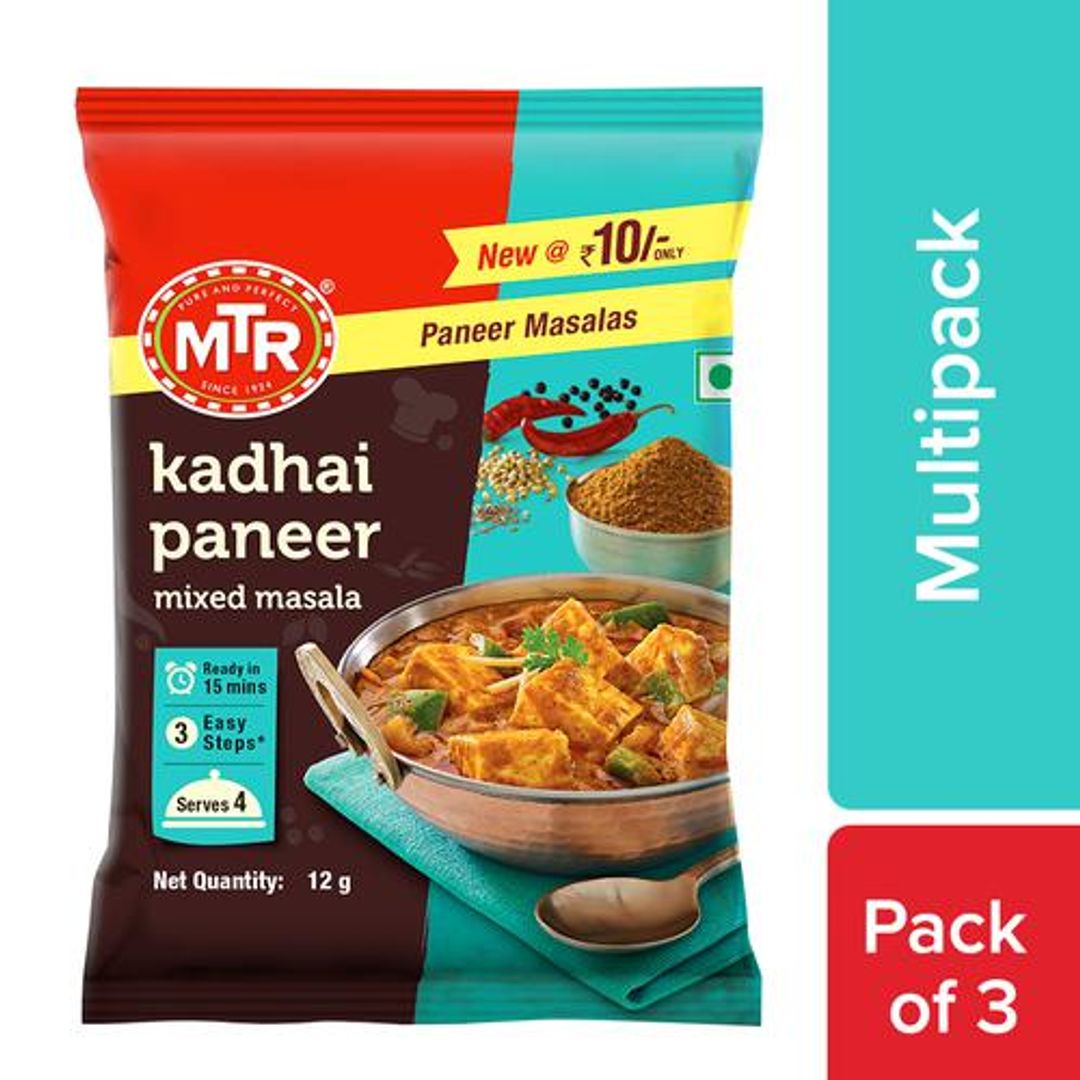 MTR Paneer Masalas Mixed - Variety Pack, Kadhai Paneer, Mutter Paner, Palak Paneer, Ready In 15 Minutes, 36 g (3 N x 12 g each)