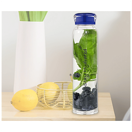 Renberg Borosilicate Glass Water Bottle - Blue, Durable, Leak Proof, Multi-Utility Sleek & Stylish Exterior, 390 ml