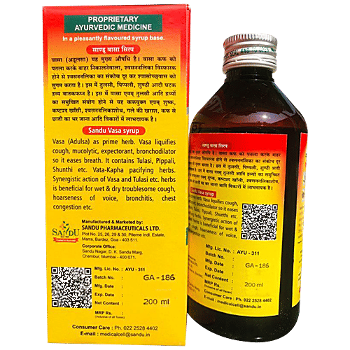 Buy SANDU Vasa Herbal Cough Syrup Adulsa Tulasi, Ayurvedic Online at