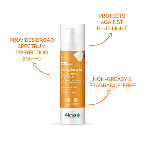 The Derma Co 1% Hyaluronic Sunscreen Aqua Gel - SPF 50, 50 g For Broad Spectrum & Blue Light Protection