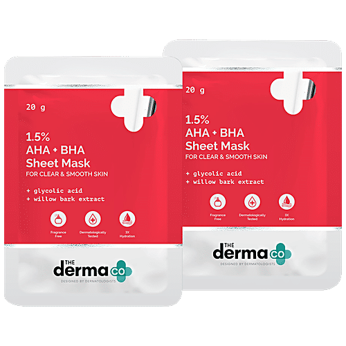 The Derma Co 1.5% AHA & BHA Sheet Mask - With Glycolic Acid, For Clear & Smooth Skin, 20 g (Pack of 2)