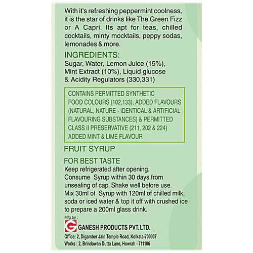 Ganesh Sharbat Green Mint Syrup - Goes With Water Or Soda, 1 L PET Bottle 