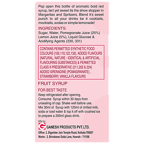 Ganesh Sharbat Ganesh grenadine-syrup-with-pomegranate-lemon-juice-sweet-tarty-for-cocktails-mocktails 1 L PET Bottle, 1 L PET Bottle 