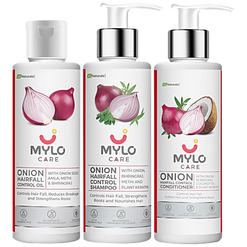 Mylo Care Anti-Hair Fall Onion Care Range With Shampoo, Conditioner & Oil - Contains Red Onion Oil, Bhringraj, Plant Keratin & Hairy Root Culture Extract, 200 ml (Set of 3) 