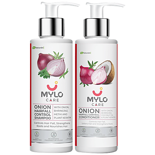 Mylo Care Anti-Hair Fall Kit - Onion Shampoo & Onion Conditioner, Contains Red Onion Oil, Bhringraj, Plant Keratin & Hairy Root Culture Extract, Strengthens Hair Roots, 2 pcs (200 ml x 2 pcs) 