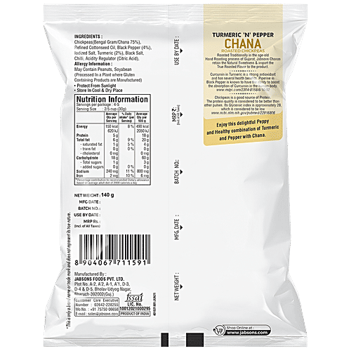 JABSONS Turmeric 'N' Pepper Chana - Roasted Chickpeas, Rich In Protein & Iron, Gluten-free, 140 g  