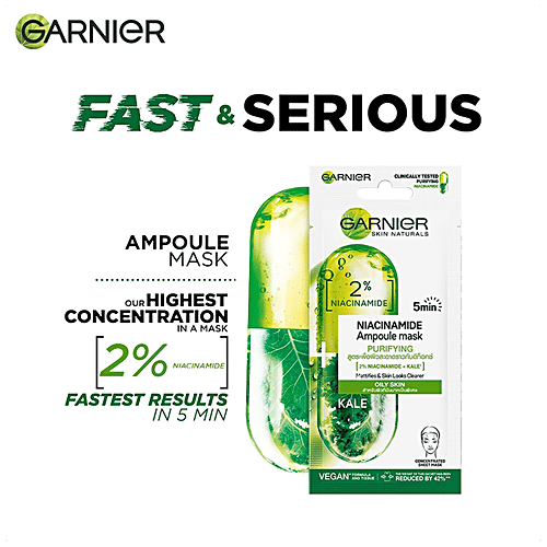 Garnier Niacinamide Serum Ampoule Face Sheet Mask - With Kale, For Oily Acne Prone Skin, 15 g