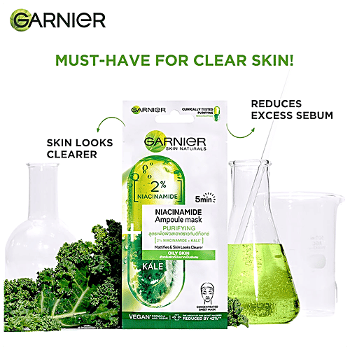 Garnier Niacinamide Serum Ampoule Face Sheet Mask - With Kale, For Oily Acne Prone Skin, 15 g
