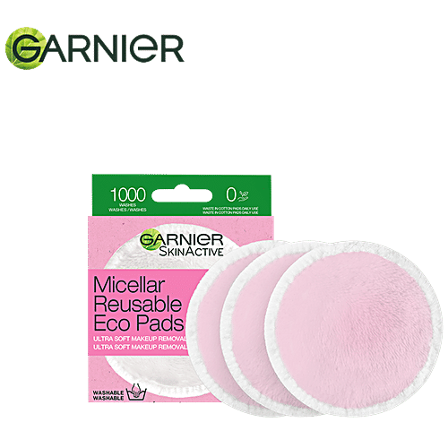 Garnier Skin Active - Micellar Reusable Eco Pads, Pure Cotton Pads, One Swipe Makeup Remover, Removes Makeup Gently, 3 pcs  