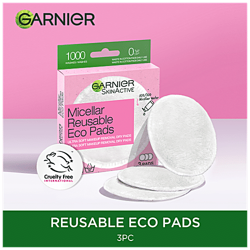 Garnier Skin Active - Micellar Reusable Eco Pads, Pure Cotton Pads, One Swipe Makeup Remover, Removes Makeup Gently, 3 pcs  