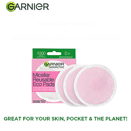 Garnier Skin Active - Micellar Reusable Eco Pads, Pure Cotton Pads, One Swipe Makeup Remover, Removes Makeup Gently, 3 pcs  