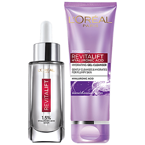 L'Oreal Paris Revitalift Hyaluronic Acid Skincare Combo - Serum + Hydrating Gel Cleanser, For Radiant Skin, 2 pc (15 ml each) 
