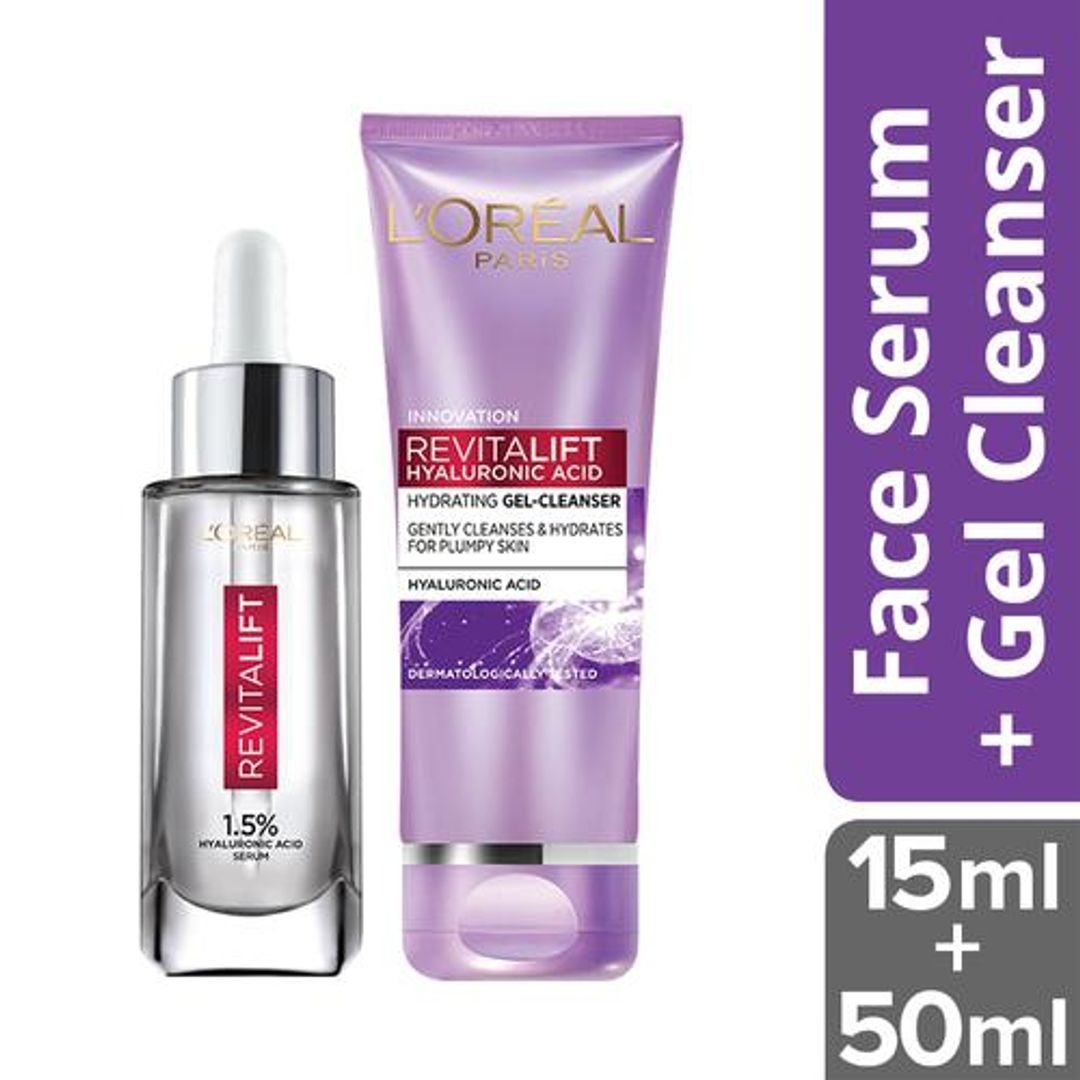 Loreal Paris Revitalift Hyaluronic Acid Skincare Combo - Serum + Hydrating Gel Cleanser, For Radiant Skin, 2 pc (15 ml each)