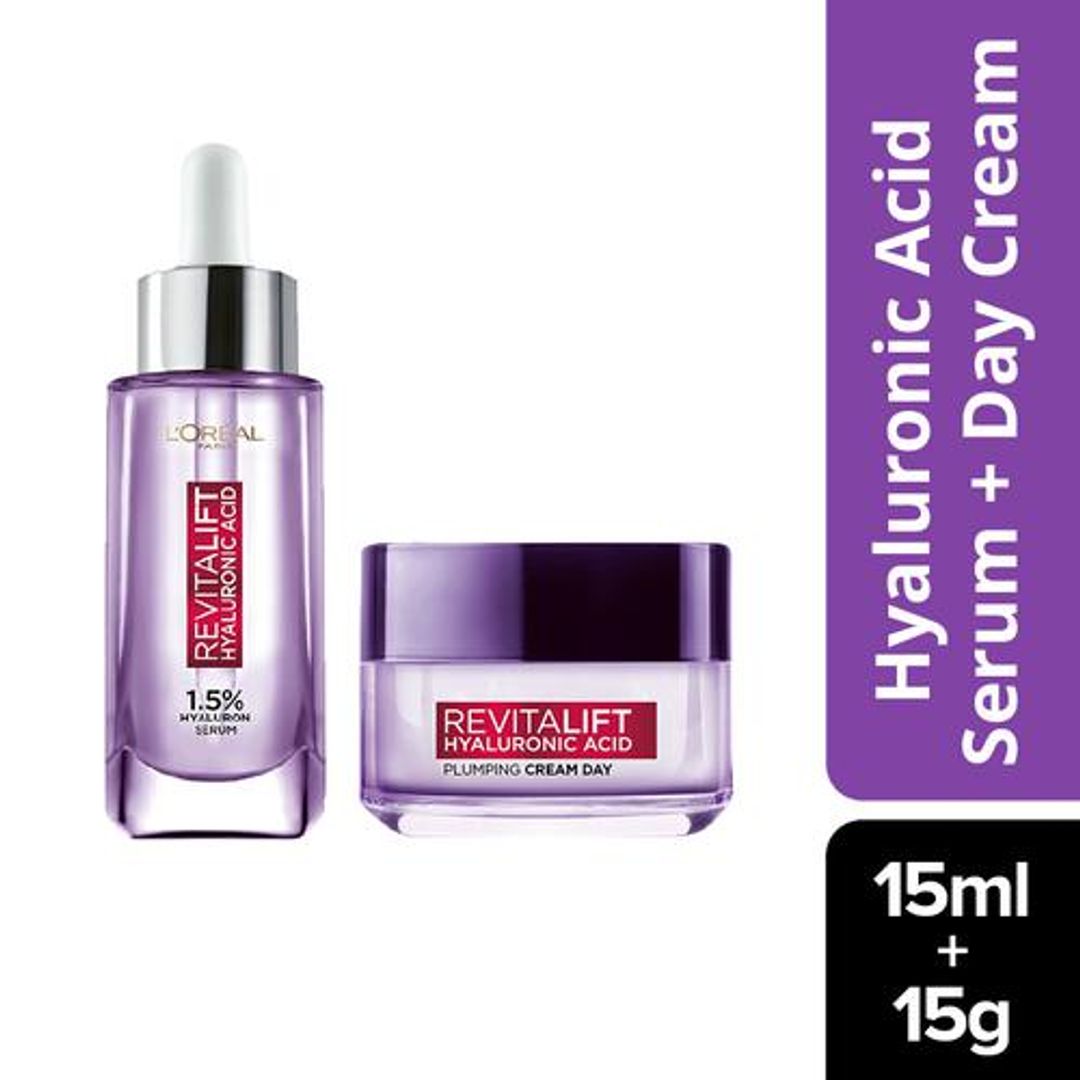 Loreal Paris Revitalift Hyaluronic Acid Skin Combo - Serum + Plumping Day Cream, For Hydration, Light-weight, Non-sticky, 30g 
