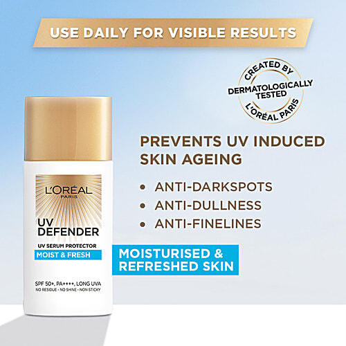 L'Oreal Paris UV Defender Serum Protector - Sunscreen SPF 50 PA+++, Moist & Fresh, Non-Greasy, Hydrating Sunscreen, With Hyaluronic Acid, 50 ml
