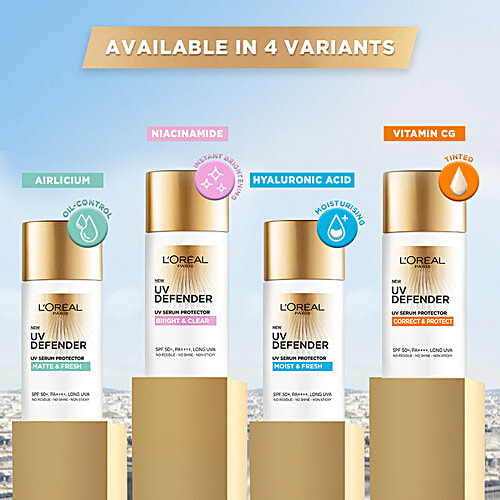 L'Oreal Paris UV Defender Serum Protector - Sunscreen SPF 50 PA+++, Moist & Fresh, Non-Greasy, Hydrating Sunscreen, With Hyaluronic Acid, 50 ml