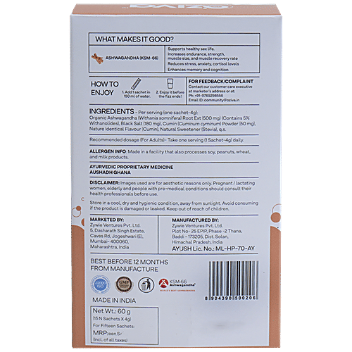 O'ZIVA Plant Based Ashwagandha Fizzy Drink - For Performance, Stress Management & Muscle Strength, 60 g (15 Sachet x 4 g each) 